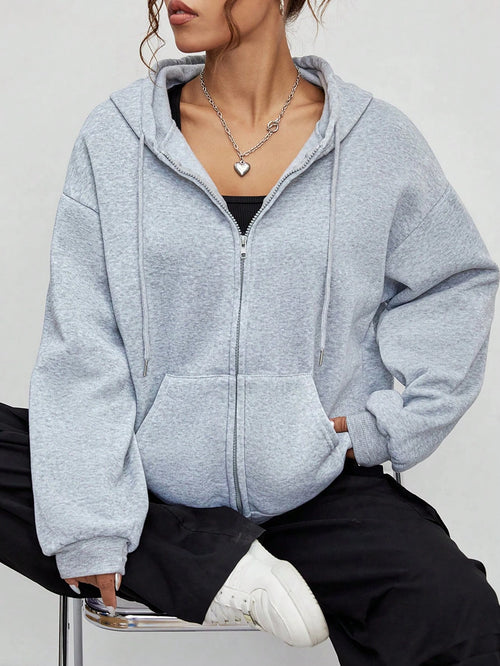 Solid Zipper Hoodie Women Warm Fleece