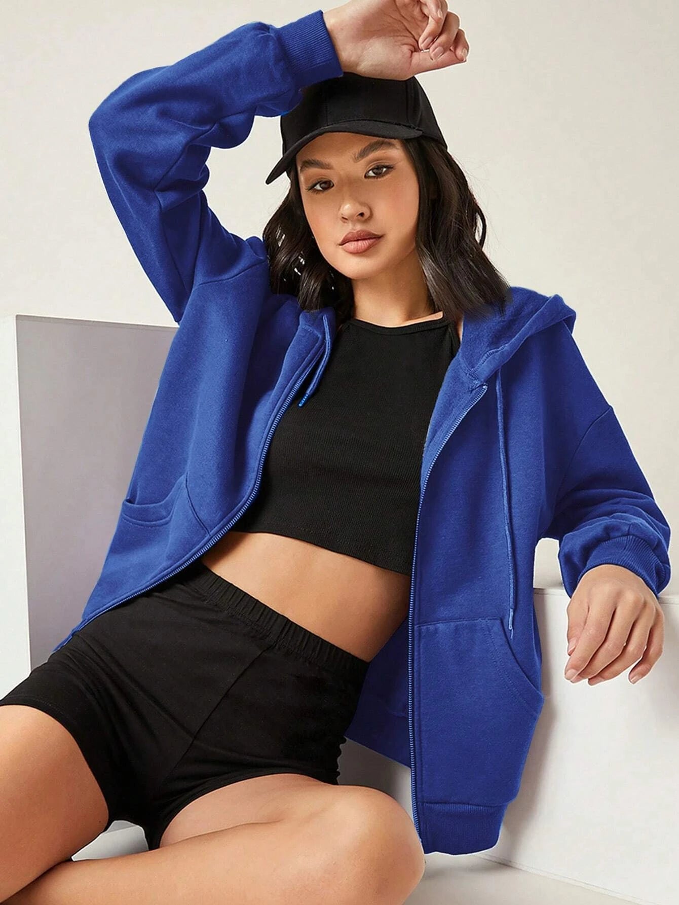 Solid Zipper Hoodie Women Warm Fleece