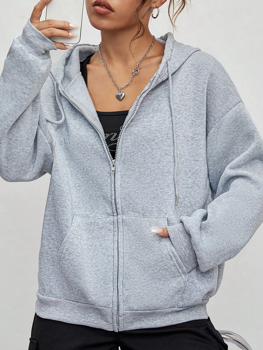 Solid Zipper Hoodie Women Warm Fleece